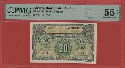ALGERIA 20 FRANCS  1948  PICK # 103 PMG 55 ABOUT UNCIRCULATED EPQ. - Image 1 of 2