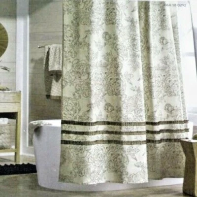 Threshold IVORY RUFFLE  Fabric Shower Curtain Stamped Leaf Gray Accents - Image 1 of 2