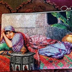 Tapestry Relaxing Lady Zip Pouch Unbranded Suede Lining Make Up Cosmetic Bag - Picture 1 of 10
