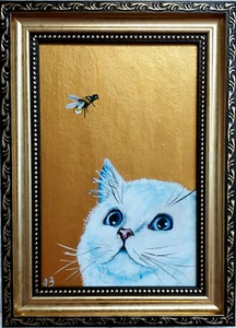 White cat and bee oil Painting gold original artwork framed Cute cat  framed - Picture 1 of 11