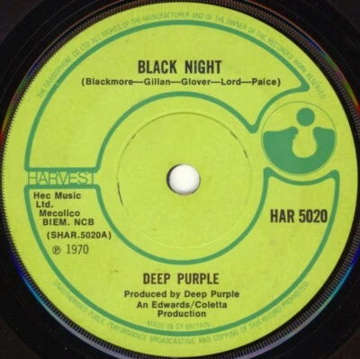 Deep Purple - Black Night / Speed King : 7" Single Vinyl Record : 1970 : Harvest - Image 1 of 2