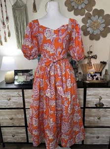 Flying Tomatoe Orange /Purple Floral Ballon Sleeve Midi Fit & Flare Dress Size S - Picture 1 of 8
