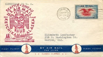 RARE ALASKA CLIPEER FIRST FLIGHT FAM 20 ROUTE KETCHIKAN ALASKA - MARION INDIANA - Image 1 of 2