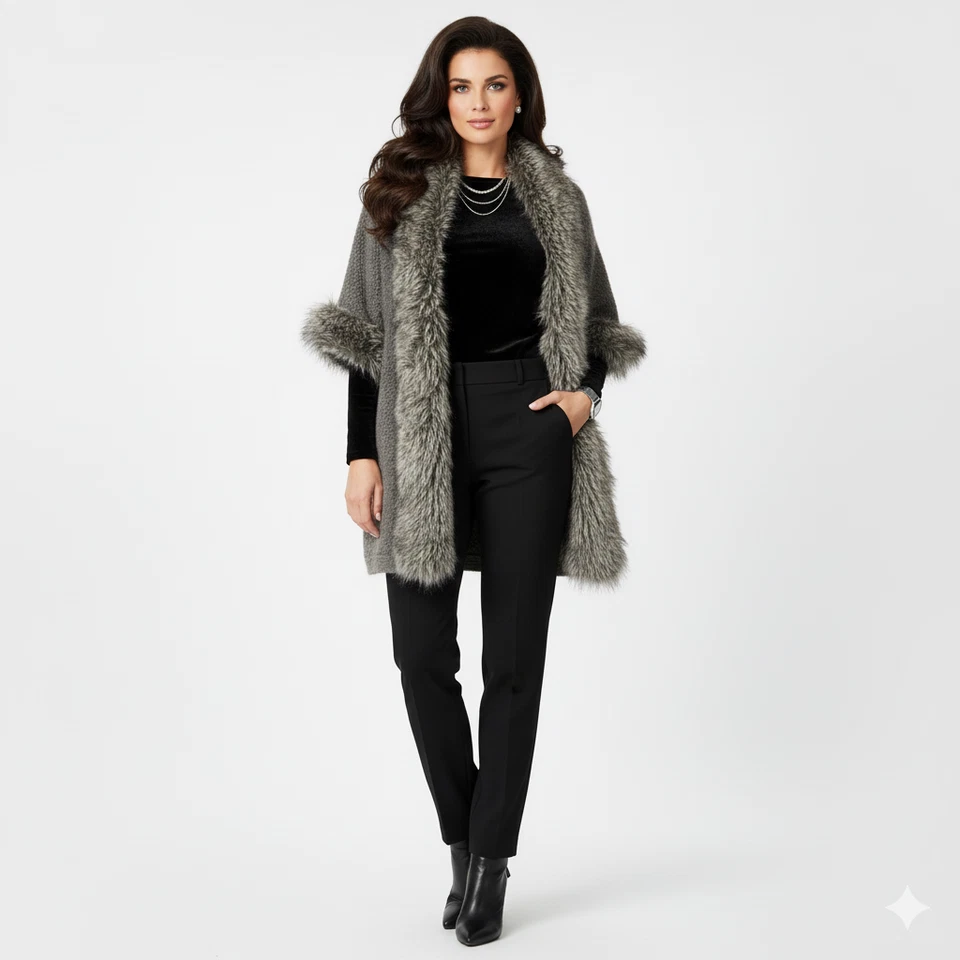 Cárdigan Kenar Penny Lane Mujer M Gris Marrón Lana Alpaca Imitación Piel Difuso Glamour Foto 1 de 4