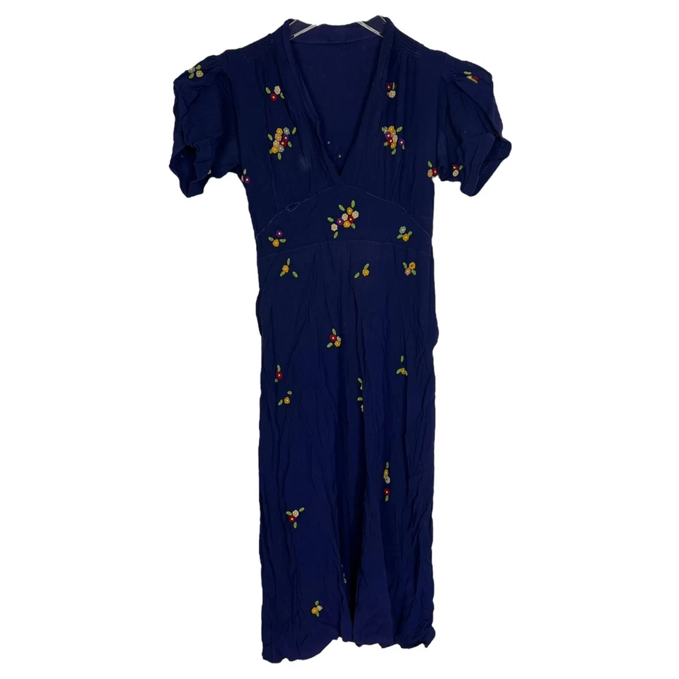 Vestido Floral Vintage Años 60 Azul Marino Con Cuentas DEFECTUOSO Manga Abullonada Boho Mod XS Foto 1 de 4