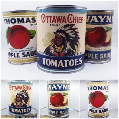 Antique lot 3 Repro 1990s tin cans paper label Ottawa Thomas Chief Prop Display - Image 1 of 4