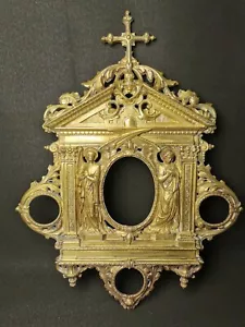 Cornice antica Facciata di reliquiario in bronzo dorato - 2 angeli - 47x37 cm - Foto 1 di 11