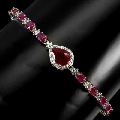 925 Sterling Silver Bracelet Pear Ruby 8x6mm Gemstone Jewelry 7 Inches - Image 1 of 4