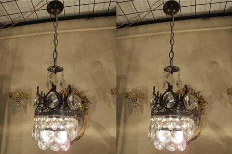 PAIR OF Antique Vintage French Basket Style Crystal Chandelier Light  1940s 6 in Cover