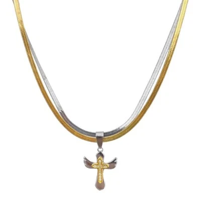 Collana Pendente A Cuore In Argento 925 Placcato Con Croce A Strati E Piatto - Immagine 1 di 4
