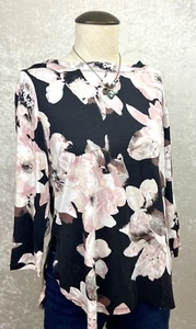 Calvin Klein Size S Small Black Floral Print Stretchy Blouse Top Shirt - Picture 1 of 10