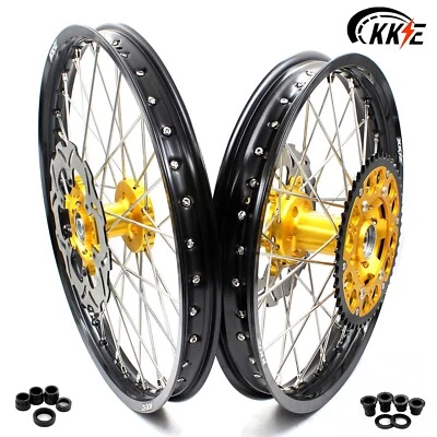 KKE 21/19 MX Wheels Rims Fit Suzuki RM125 2001-2007 RM250 2001-2008 CNC Gold Hub - Image 1 of 4