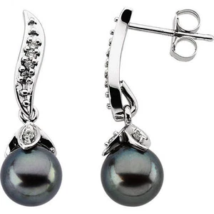 Akoya Cultured Pearl & Diamond Earrings In 14K White Gold ( 1/10 ct. tw. ) - Picture 1 of 2