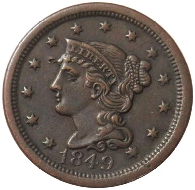 1849 USA COPPER BRAIDED HAIR LARGE CENT COIN EXTRA FINE - Image 1 of 2