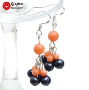 5-6mm Black Round Natural Pearl & Pink Coral Dangle 1.5'' Earring for Women-533 - Picture 1 of 5