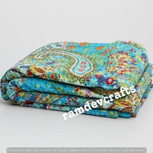Indian Kantha Throw Paisley Print Kantha Quilt Reversible Bedspread Cotton Gudri - Picture 1 of 4