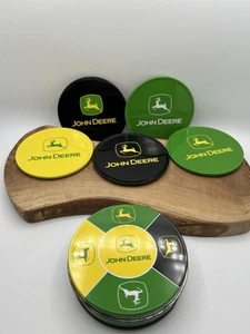 John Deere Coasters In Tin Metal With Cork Backs Green Yellow And Black Set Of 5 - Picture 1 of 5