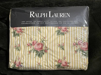 New Vtg Ralph Lauren Sophie Brooke Yellow Floral Stripe Twin  Fitted Sheet NOS - Image 1 of 4