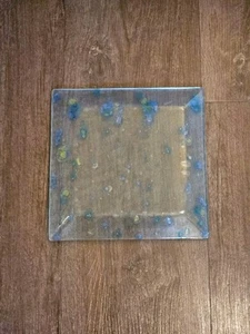 Fused Glass Square Plate Bubbles on Mesh Contemporary Studio Art Aqua Yellow 10" - Picture 1 of 6