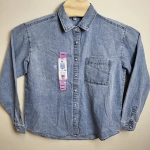 Seven 7 Damen Small Denim Perlen Knopf Hemd Langarm helle Waschung Freizeit Oberteil - Bild 1 von 10