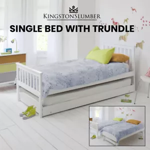 KINGSTON SLUMBER Wooden Single Bed Frame w/ Pop Up Trundle White Kids Bedroom - Picture 1 of 4