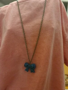 Vintage Necklace Blue Bow With Black Dots - Picture 1 of 6