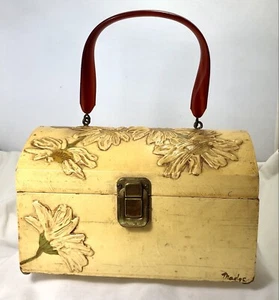 Decoupage Wood Purse Lucite Handle floral Yellow MCM Vintage Signed 70's prop - Picture 1 of 10