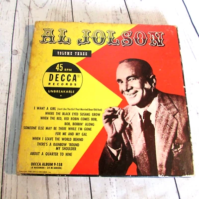 Al Jolson 45 RPM DECCA RECORDS Set of 4 Vintage 1950 Original Box Paper Sleeves - Image 1 of 4