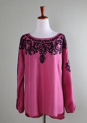 SUNDANCE каталог $138 розовый вышитый 100% шелк блузка верхний размер средний - Изображение 1 из 4