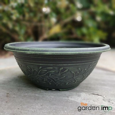 Plastic Round Garden Plant Bowl Flower Planter Vintage Aged Linden 30cm Low Pot