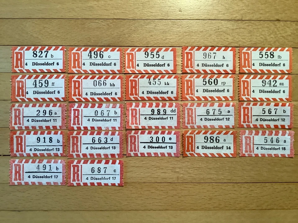 22x Einschreibezettel 4 Düsseldorf 6,11,12,13,14,15,17. - Bild 1 von 1
