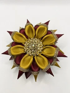 Ribbon Satin Flower BROOCH, Gold Burgundy 7” Crystals Rhinestone Handmade #17/43 - Picture 1 of 20