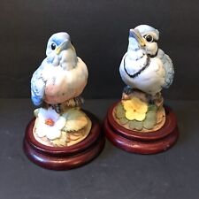 Vintage Andrea By Sadek Porcelain Blue And Jay Bird Figurines # 6350 Wood Stand
