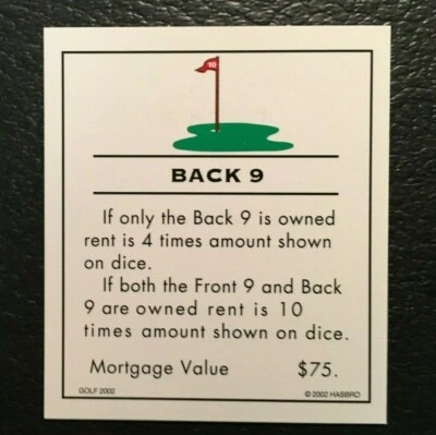 Monopoly  Golf  2002 BACK 9 Title Deed Card  Replacement Game Pieces 2002 NOS - Image 1 of 4