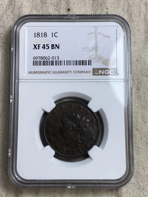 1818 LARGE CENT NGC XF45 BN Nice Consistent Look Mid Grade Circulated Example - Image 1 of 4