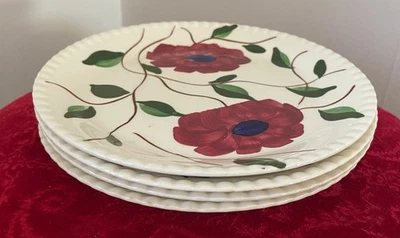 Blue Ridge Pottery Folk Art Hand Painted (4) Plates 9" - Red Flowers BLUE Center - Image 1 of 4