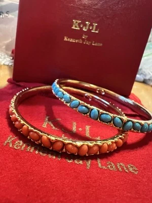 NIB! Set 2 Kennett Jay Lane 8” Bracelets Cabochan Turquoise & Coral Bangles 3608 - Image 1 of 4