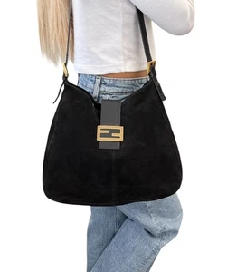 FENDI Vintage FF Logo Crossbody Shoulder Bag Black Beige Gold Suede Leather - Picture 1 of 13