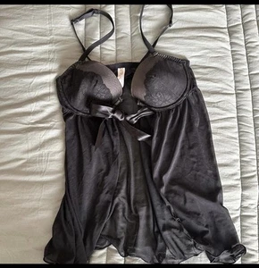 Gilligan O'Malley Black Mesh Bow Padded Bra Open Front Lingerie Slip Cami S - Picture 1 of 3