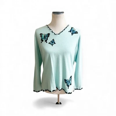 Suéter Storybook Knits para mujer lentejuelas apliques mariposa talla mediana azul azulado Foto 1 de 4