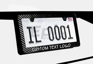 Custom Personalized  Black Metal or 100% Carbon Fiber License Plate Frame w Logo - Picture 1 of 2