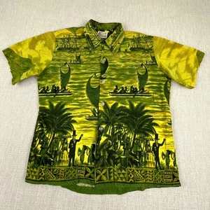 1950s Island Casuals Hawaiian Shirt Loop Collar Border Print Tiki Atomic Canoe - Picture 1 of 17
