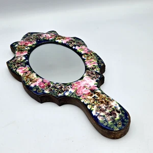 Vintage floral emailliert Messing & Holz Handspiegel französischer Impressionist Boho Landhaus - Bild 1 von 11