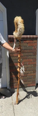 Twisted Wood hand crafted walking stick cerermonial style with Real fur aprx 66" - Image 1 of 4