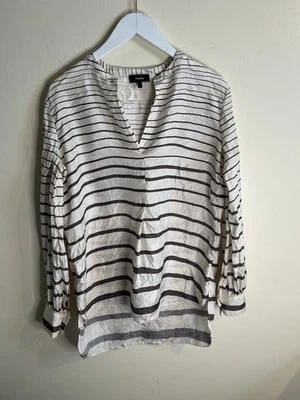 Blusa de mujer Theory 100 % seda crema y verde oliva a rayas manga larga talla SP Foto 1 de 4