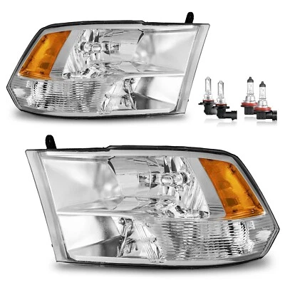 Pair Headlights Chrome For 2009-2018 Dodge Ram 1500 2500 3500 Quad w/Bulbs - Image 1 of 4