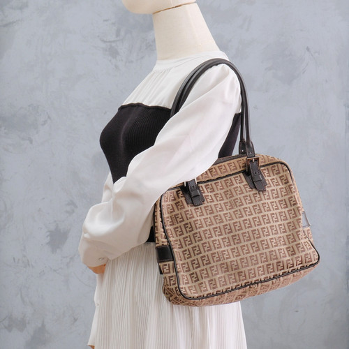 Borsa a mano FENDI Zucchino borsa FF tela pelle autentica