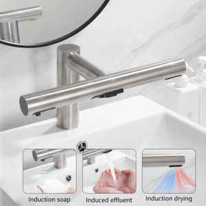 3 In 1 Automatic Sensor Sink Faucet+Hand Dryer+Soap Dispenser Brushed Nickel Tap - Picture 1 of 48