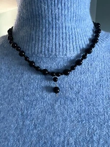 Onyx Necklace w/ Matching Bracelet and Earring Pair, 10kt Clasps/ Hooks - Picture 1 of 11