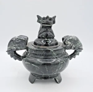 oriental Hardstone Lidded Dragon Lion Carving Incense Burner - Picture 1 of 10